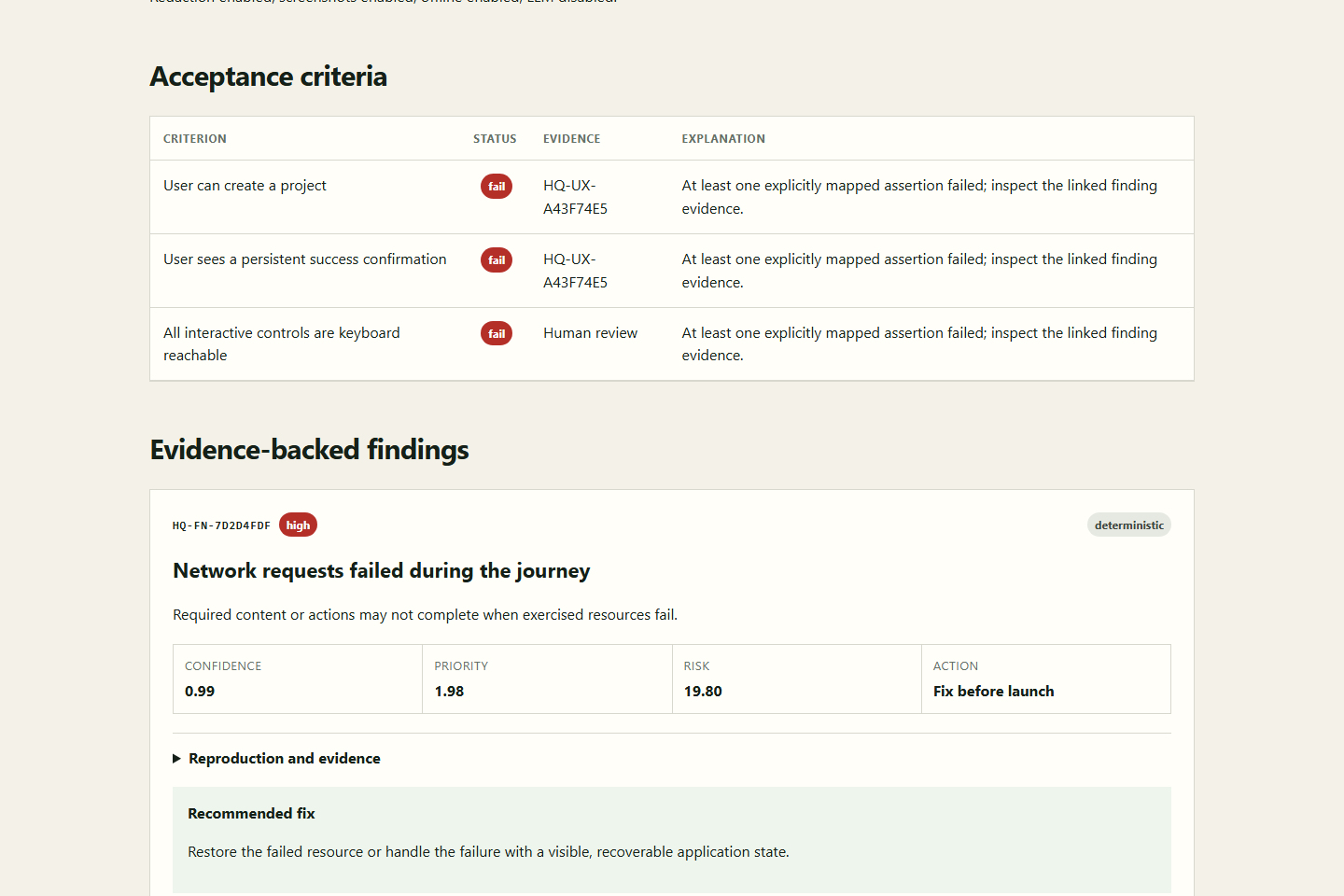 A real HumanQA finding with reproduction, evidence links, remediation, and limitations