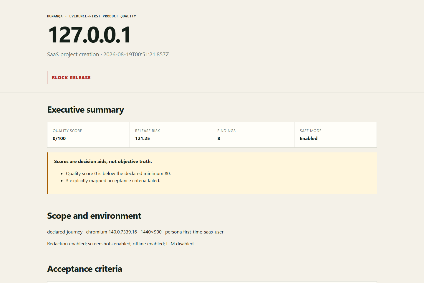 A real HumanQA HTML report showing a blocked release and evidence-backed findings